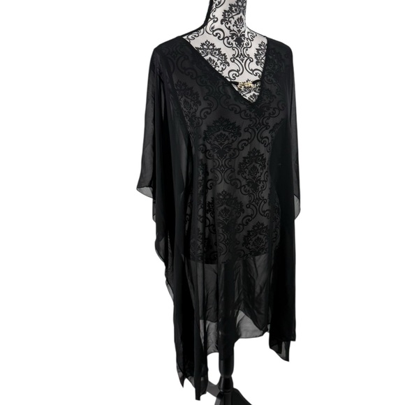 Moss Rose Black Sheer Kimono Cover-Up with Gold Detail One Size Beach Shawl - Picture 4 of 9